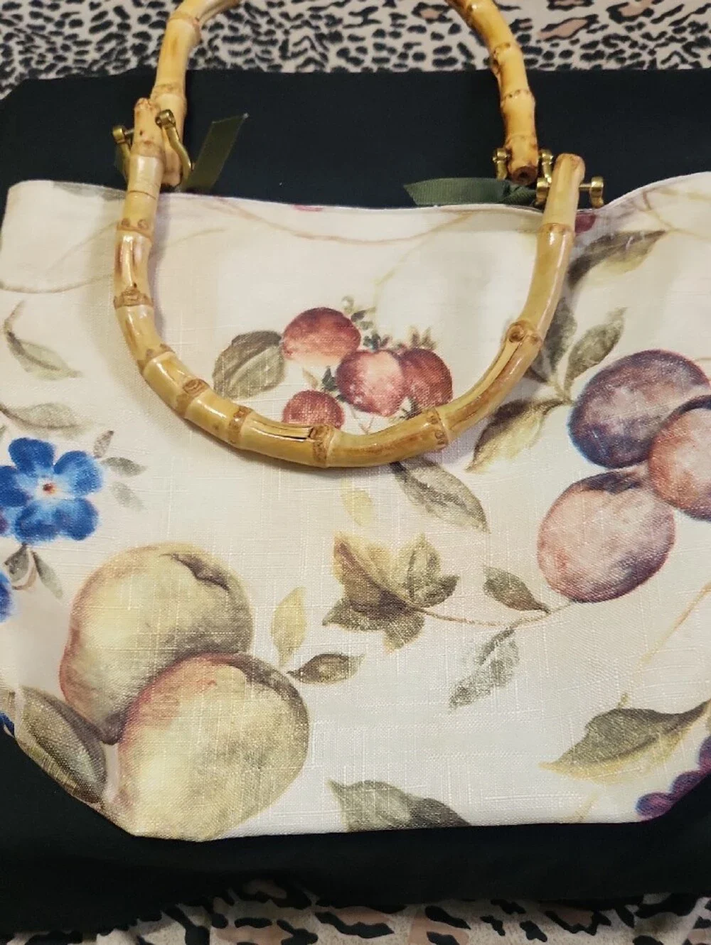 Floral Cream Hobo Bag with Bamboo Handles- Homemade
